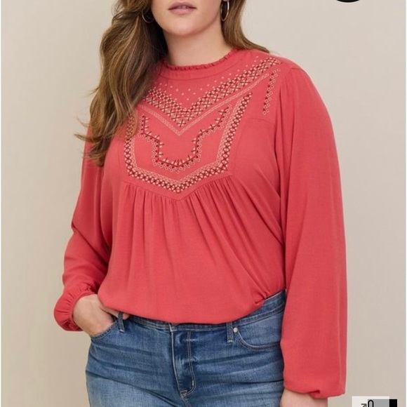 NWT Torrid Coral Crinkle Gauze Boho Relaxed Embroidered Blouse Women’s 3X - Picture 11 of 11